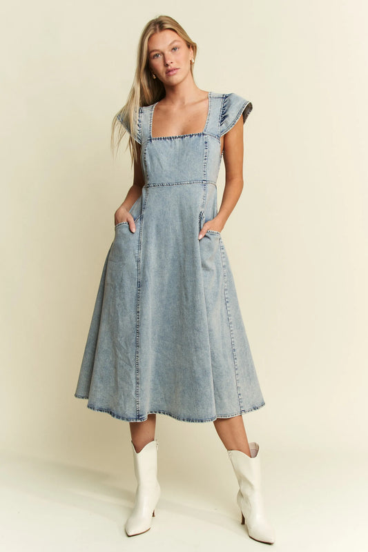 Jade By Jane Full Size Ruffled Denim Midi Dress Plus Size DENIM BLUE