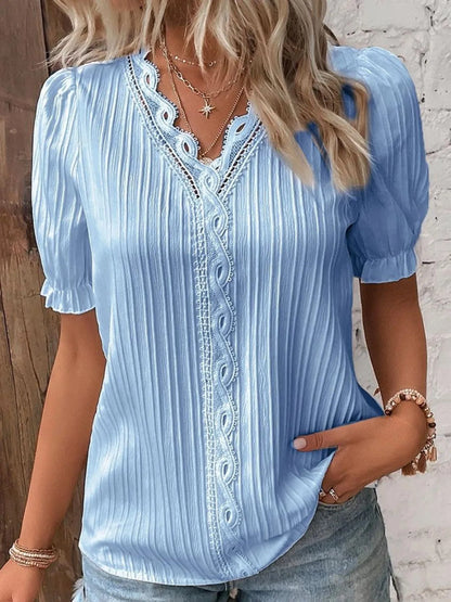 Full Size Lace Detail V-Neck Blouse Plus Size Sky Blue
