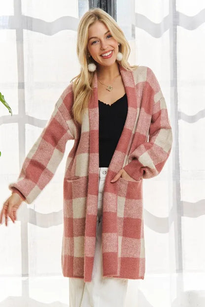ADORA Full Size Checker Sweater Cardigan Plus Size