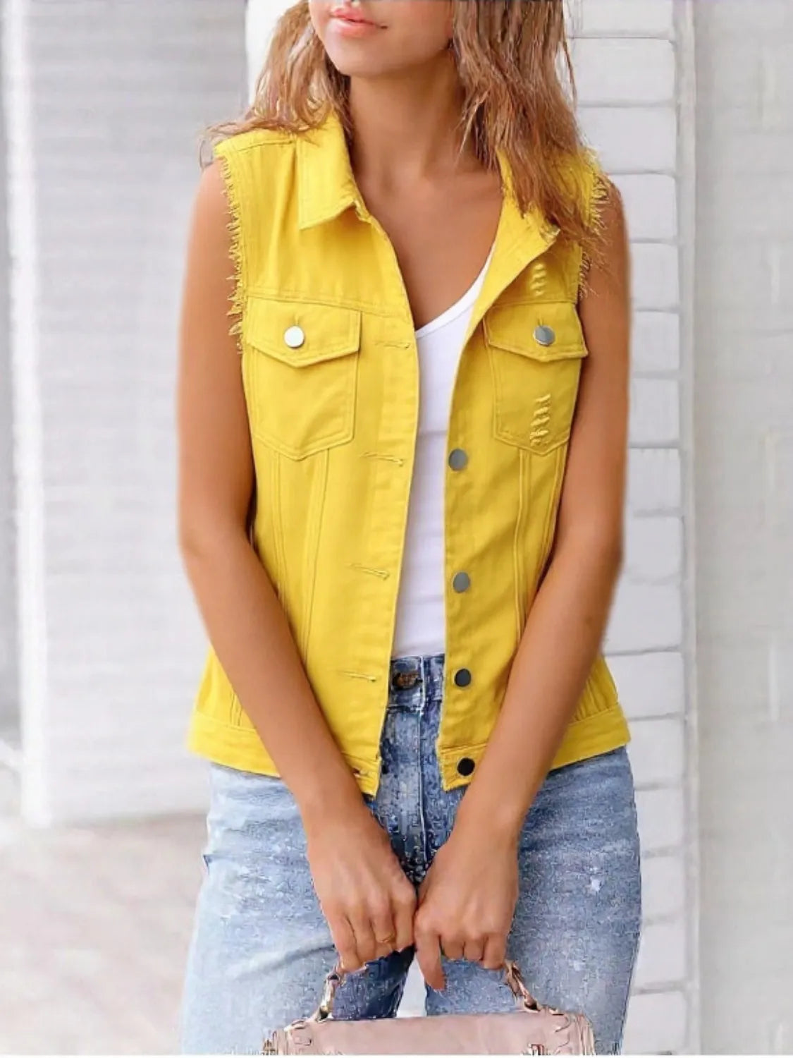 Full Size Sleeveless Frayed Denim Vest Jacket Plus Size Yellow