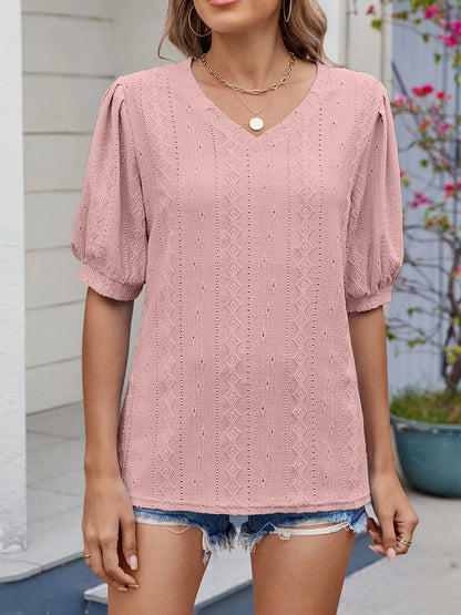 Puff Sleeve V-Neck Eyelet Lace T-Shirt