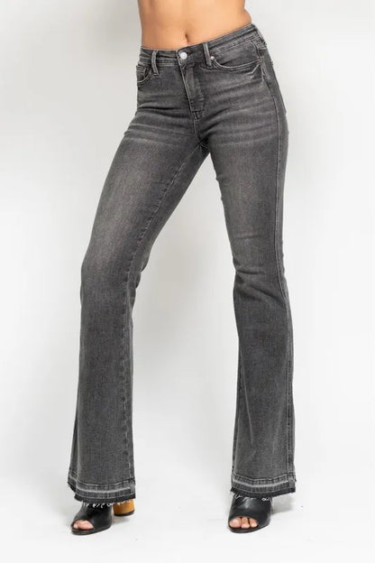 Judy Blue Full Size Mid Rise Tummy Control Washed Gray Release Hem Flare Jeans Plus Size