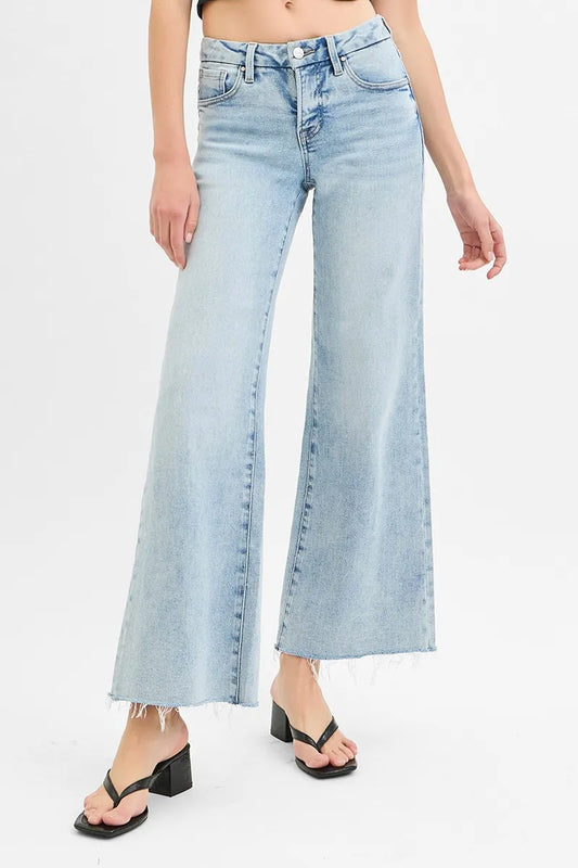 RISEN Full Size Tummy Control Low Rise Wide Leg Raw Cut Hem Jeans Plus Size LIGHT