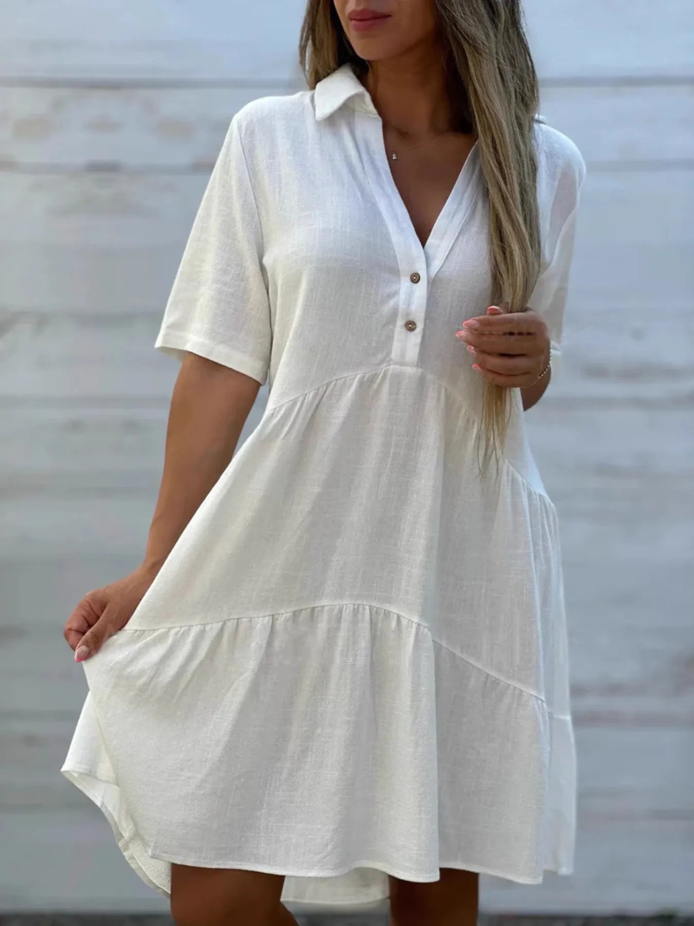 Full Size Tiered Button-Front Short Sleeve Dress Plus Size White