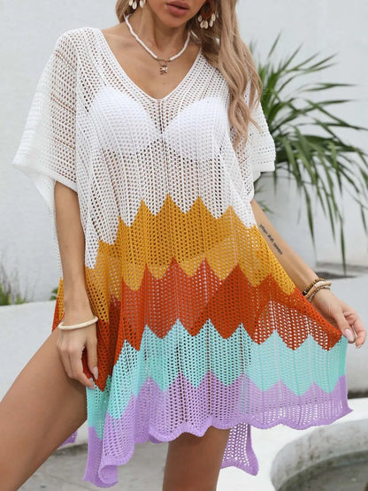 Openwork V-Neck Half Sleeve Cover-Up