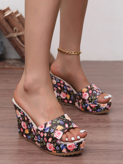 Floral Print Platform Wedge Sandals