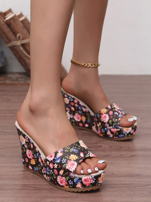 Floral Print Platform Wedge Sandals