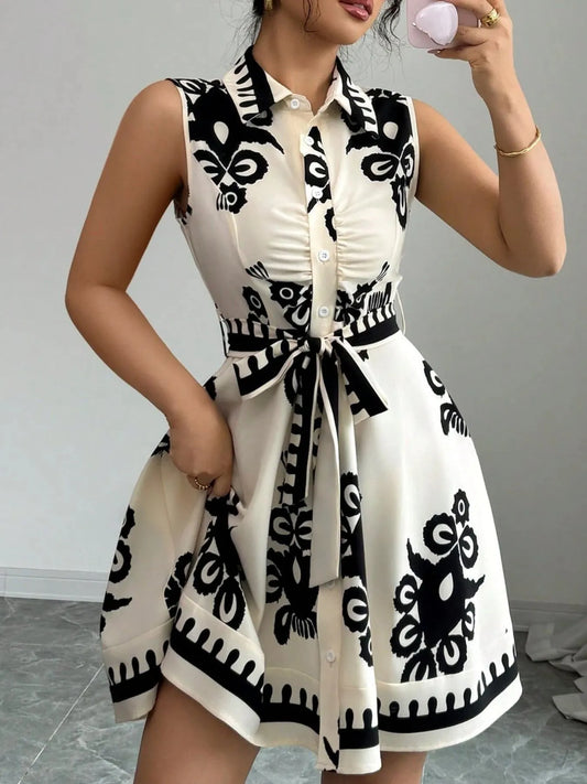 Printed Sleeveless Tie Waist Mini Dress Black