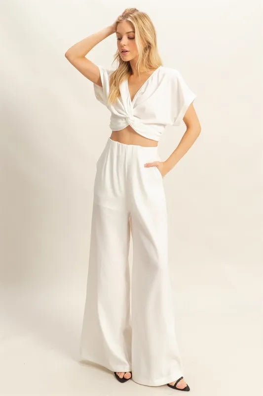 HYFVE Twisted Front Short Sleeve Top and Wide Leg Pants Set Off White