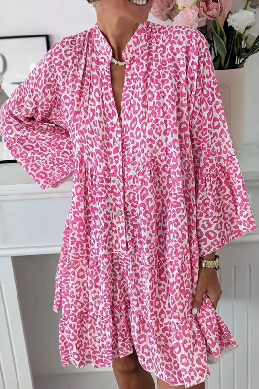 Leopard Notched Long Sleeve Shirt Dress Hot Pink