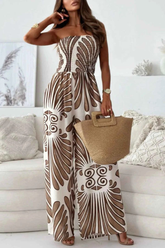 Printed Smocked Tube Wide Leg Jumpsuit Camel