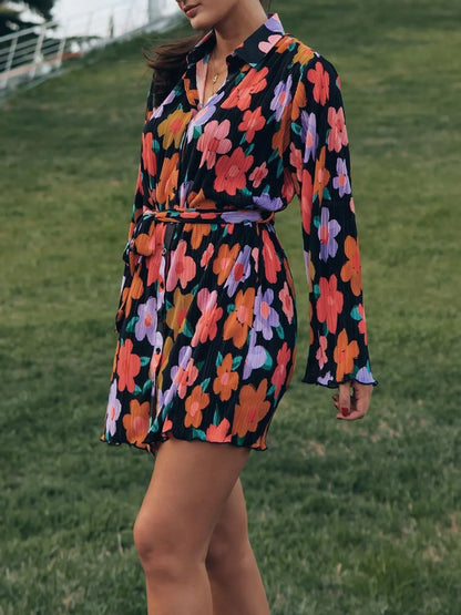 Printed Long Sleeve Mini Dress Black