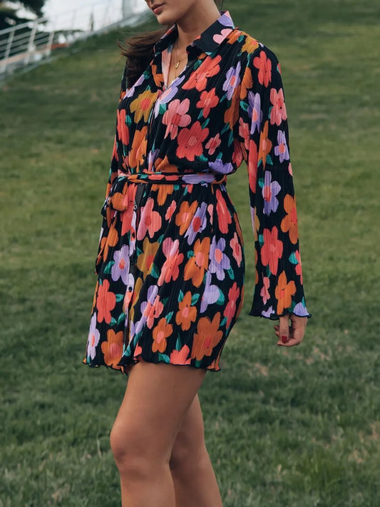 Printed Long Sleeve Mini Dress Black
