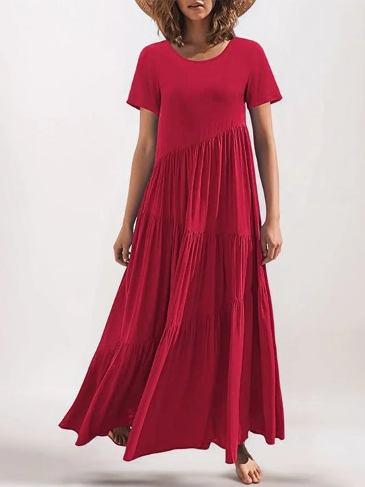 Round Neck Tiered Ruffle Maxi Dress Red