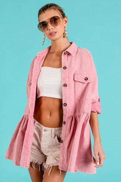 BiBi Corduroy Ruffle Peplum Button Up Shirt VINTAGE ROSE