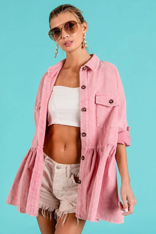 BiBi Corduroy Ruffle Peplum Button Up Shirt VINTAGE ROSE