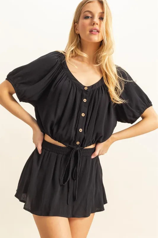 HYFVE Drawstring Hem Short Sleeve Top and Skort Set Black