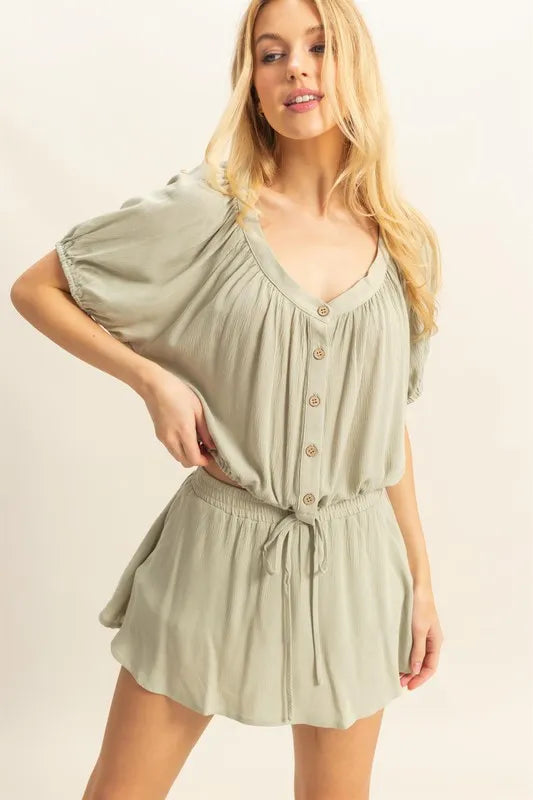 HYFVE Drawstring Hem Short Sleeve Top and Skort Set Sage