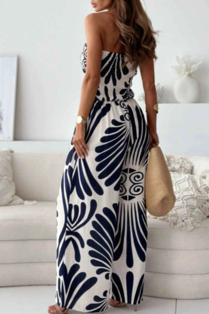 Printed Smocked Tube Wide Leg Jumpsuit
