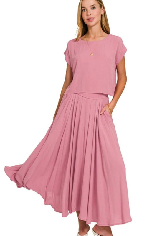 Zenana Woven Crinkle Gauze Crop Tee and Skirt Set LT ROSE