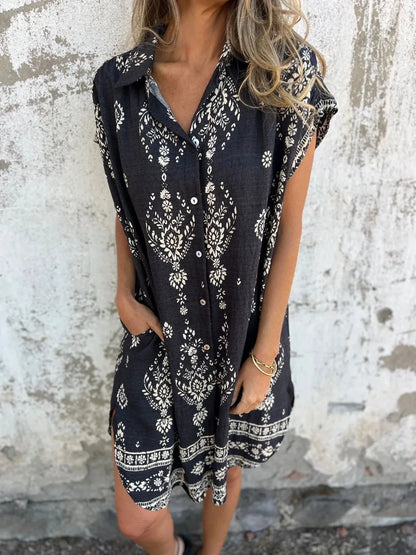 Full Size Printed Short Sleeve Button-Up Shirt Dress Plus Size