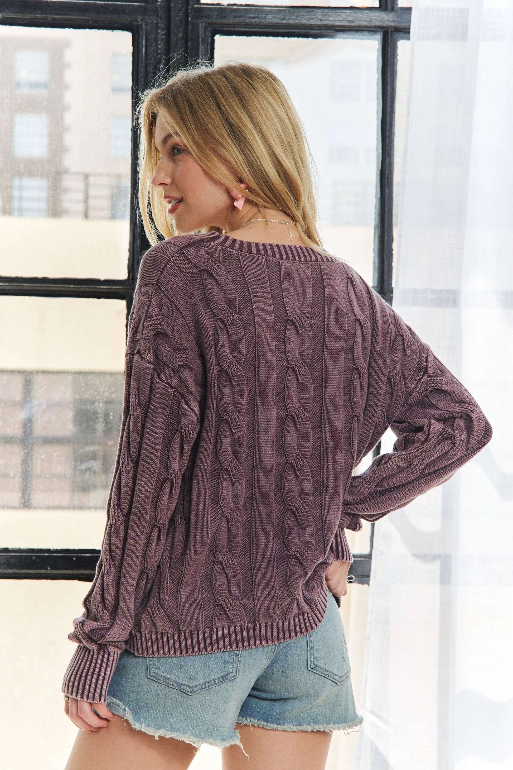 ADORA Mineral Washed Cable Knit Sweater Top