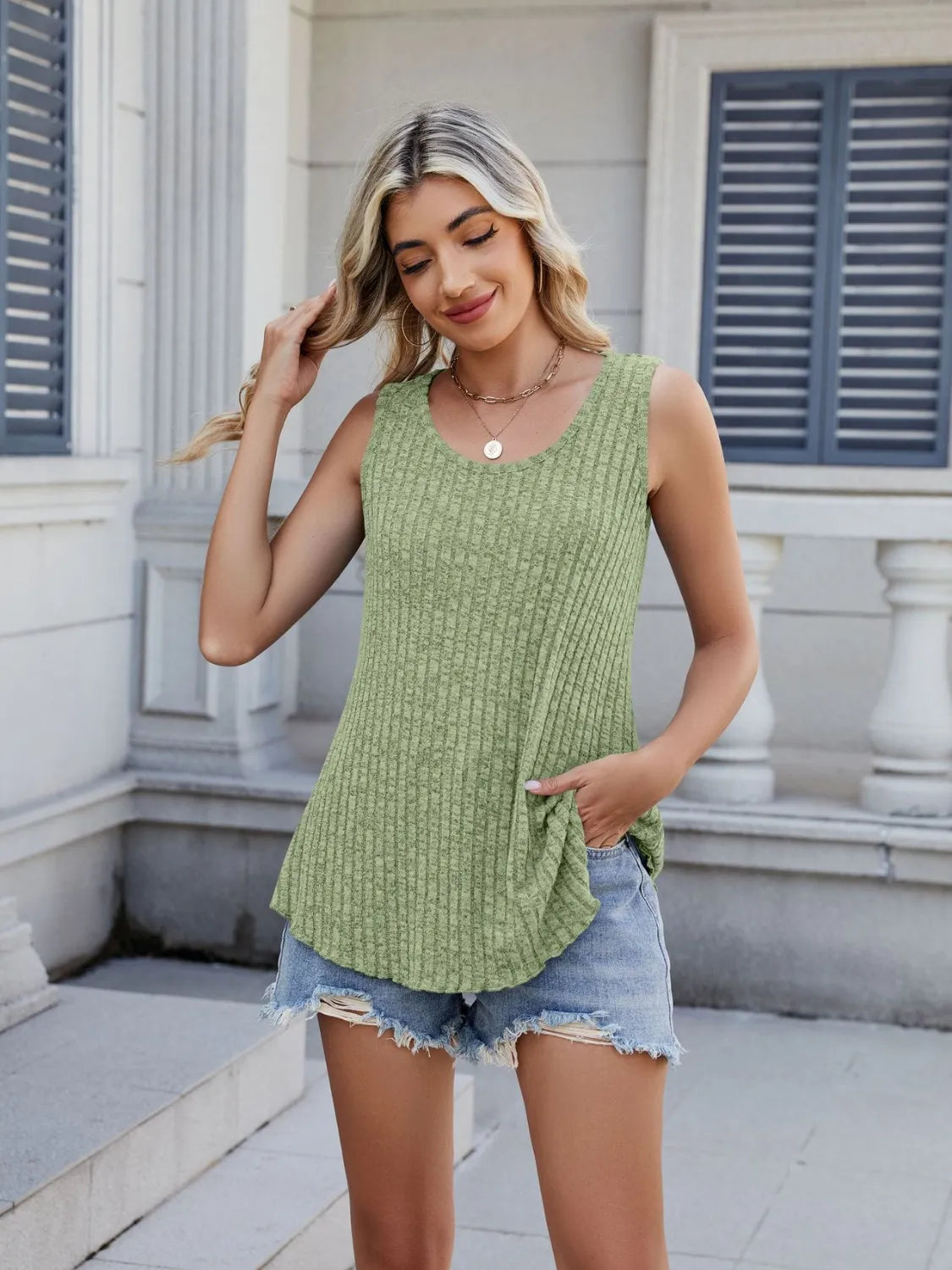 Ribbed Round Neck Tank Matcha Green