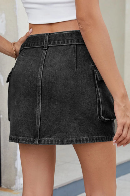 Criss-Cross Waist Detail Denim Mini Skirt