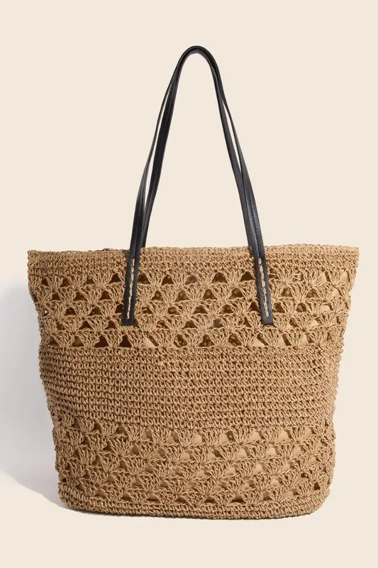 Fame Faux Leather Handle Knitted Tote Bag Mustard One Size