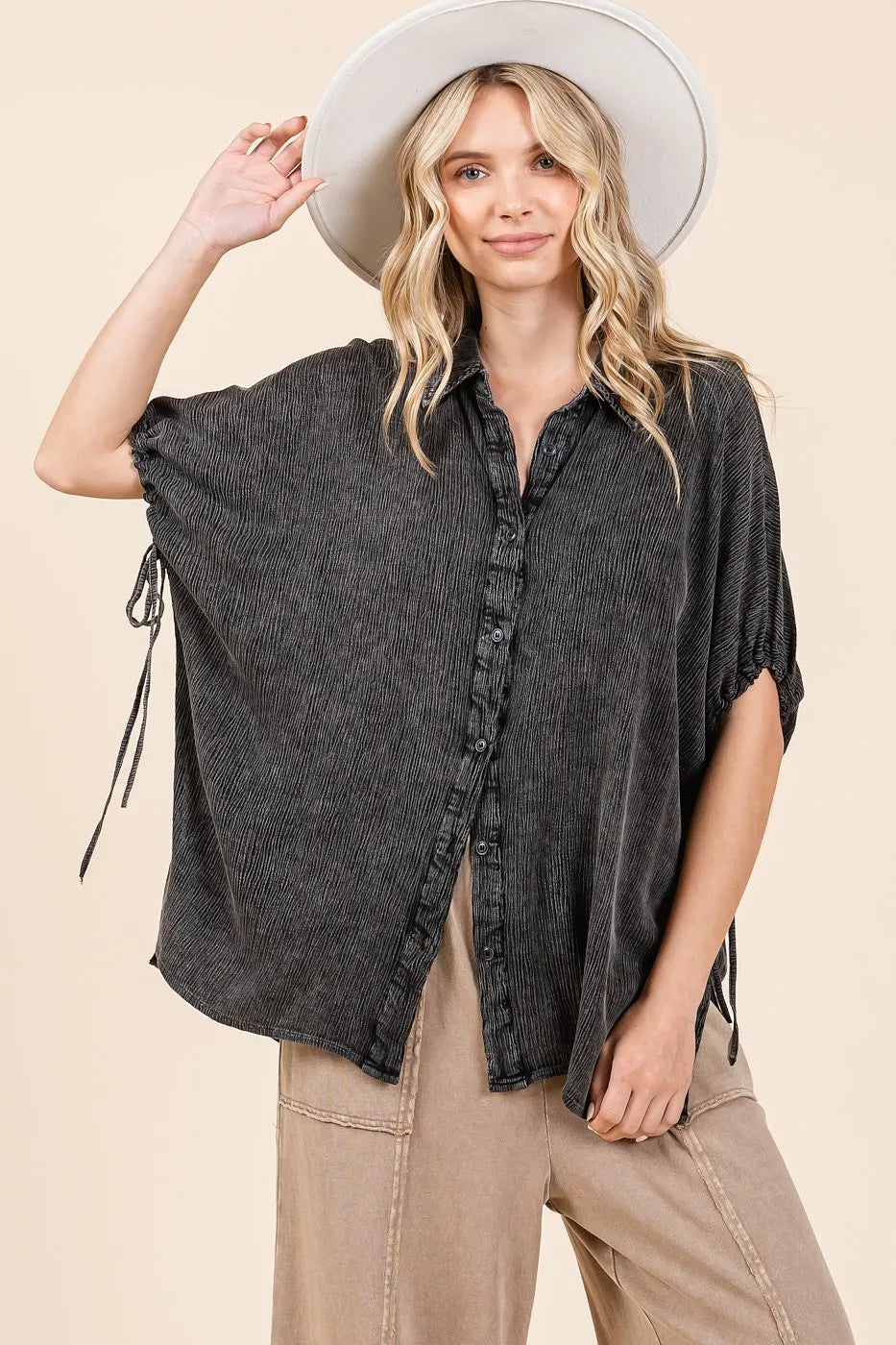 Mittoshop Mineral Wash Loose Fit Button Down Shirt WASHED BLACK
