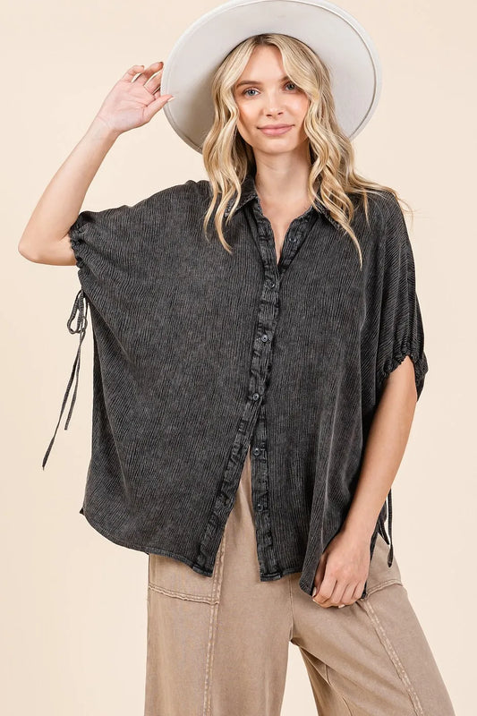 Mittoshop Mineral Wash Loose Fit Button Down Shirt WASHED BLACK