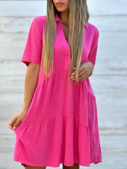 Full Size Tiered Button-Front Short Sleeve Dress Plus Size Rose Red