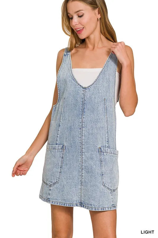Zenana Denim Overall Mini Dress LIGHT
