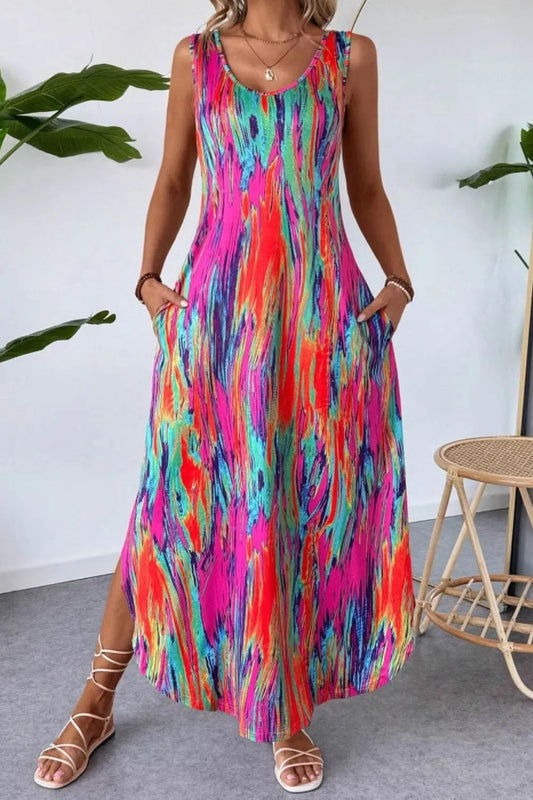 Scoop Neck Sleeveless Dress with Pockets Hot Pink