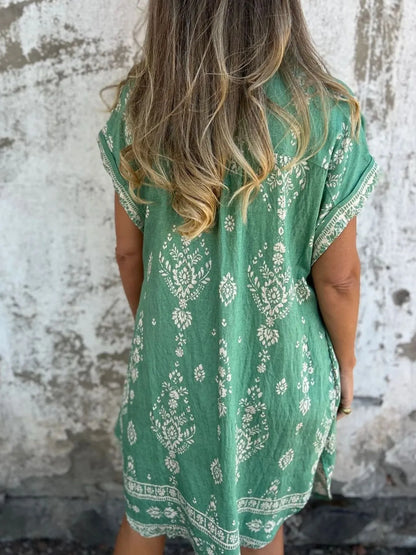 Full Size Printed Short Sleeve Button-Up Shirt Dress Plus Size