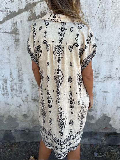 Full Size Printed Short Sleeve Button-Up Shirt Dress Plus Size