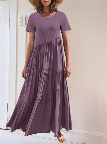 Round Neck Tiered Ruffle Maxi Dress Purple