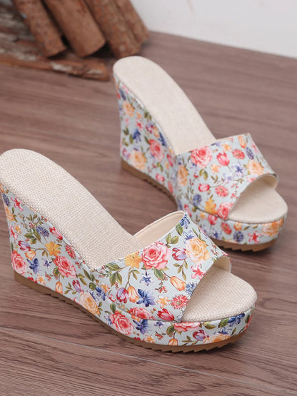 Floral Print Platform Wedge Sandals
