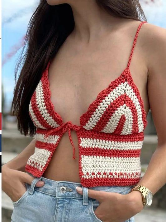 Crochet Tie Front Striped Knit Cami Red