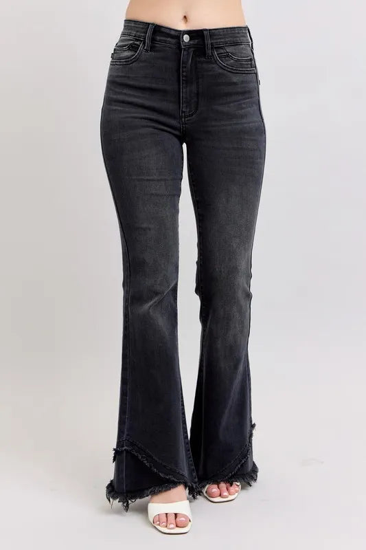Judy Blue Full Size High Waist Flare W/ Mock Fray Tulip Hem Plus Size BK