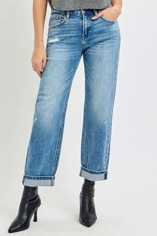 RISEN Full Size High Rise Ankle Boyfriend Distressed Jeans Plus Size MEDIUM