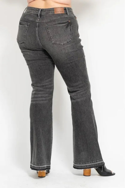 Judy Blue Full Size Mid Rise Tummy Control Washed Gray Release Hem Flare Jeans Plus Size