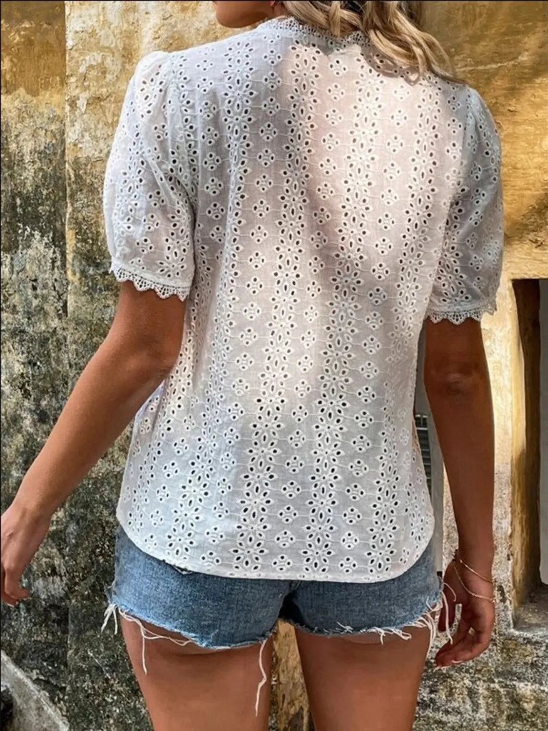 Full Size Lace Detail Eyelet V-Neck Short Sleeve Blouse Plus Size