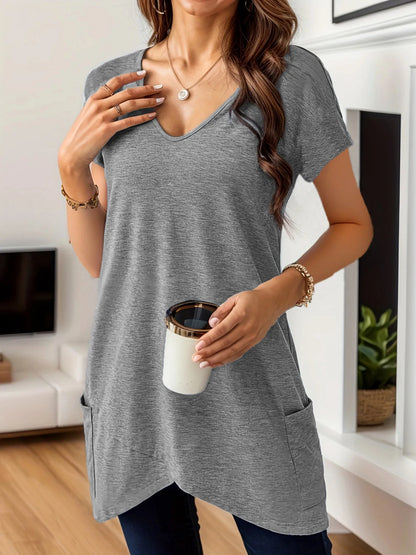 Full Size V-Neck Pocket Front Asymmetric Hem T-Shirt Plus Size Grey