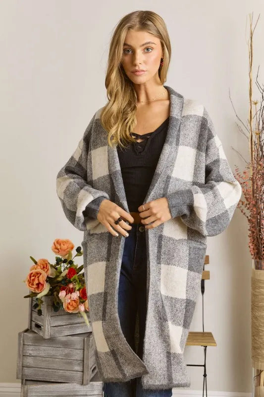 ADORA Full Size Checker Sweater Cardigan Plus Size GREY