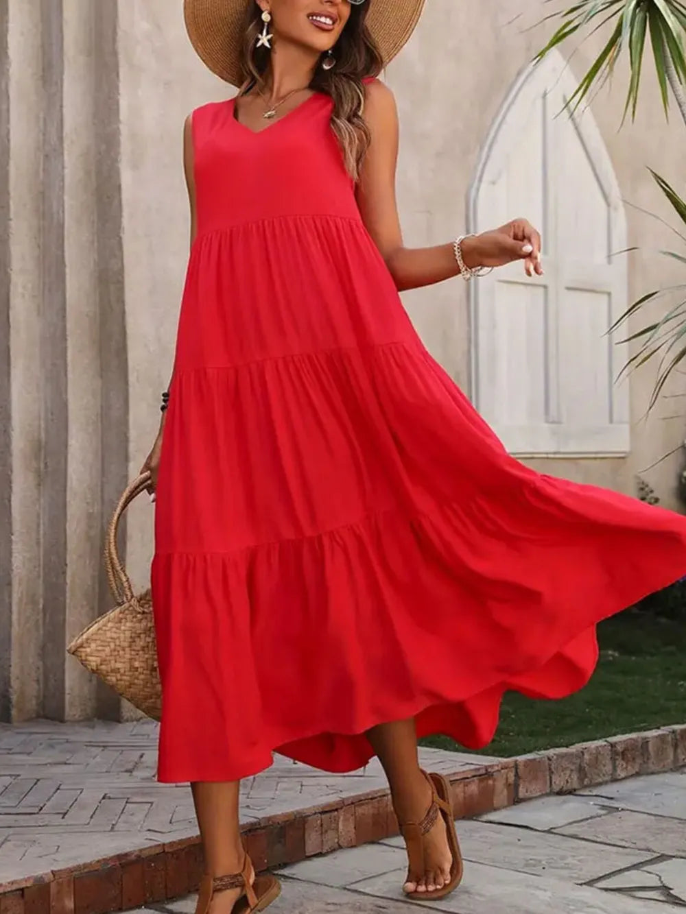 Tiered V-Neck Sleeveless Dress Rust