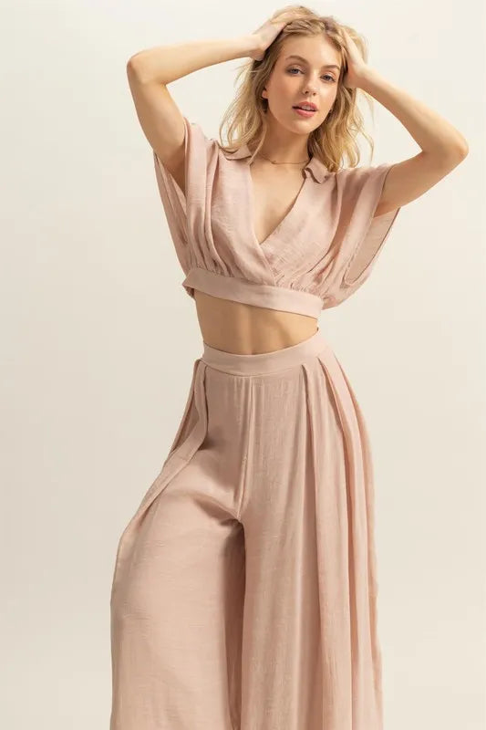 HYFVE Kimono Sleeve Crop Top and Wide Leg Pants Set Tan