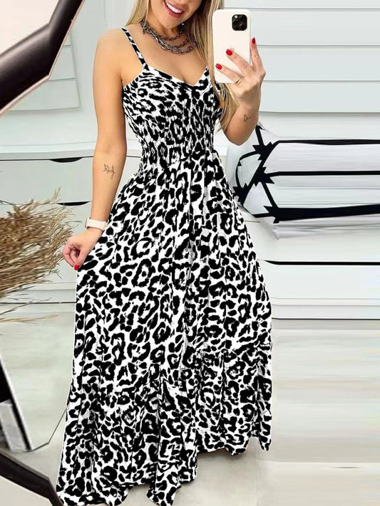 Full Size Leopard Print Spaghetti Strap Maxi Dress Plus Size White