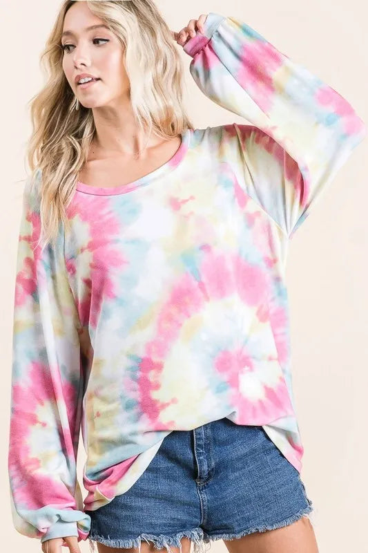 BiBi Tie Dye Print Terry Top With Puff Sleeves PINK MULTI