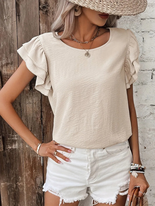 Ruffled Round Neck Cap Sleeve Blouse Dust Storm